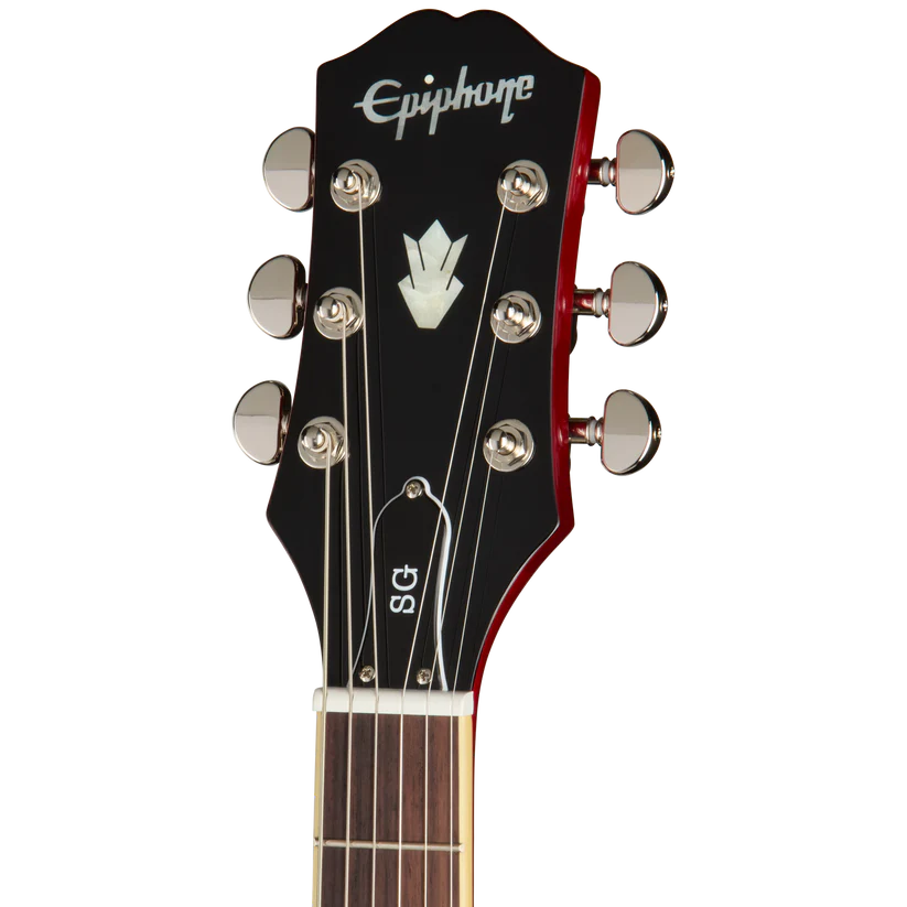 The headstock of an Epiphone electric guitar with six tuning pegs, black faceplate, and "SG" printed near the nut.