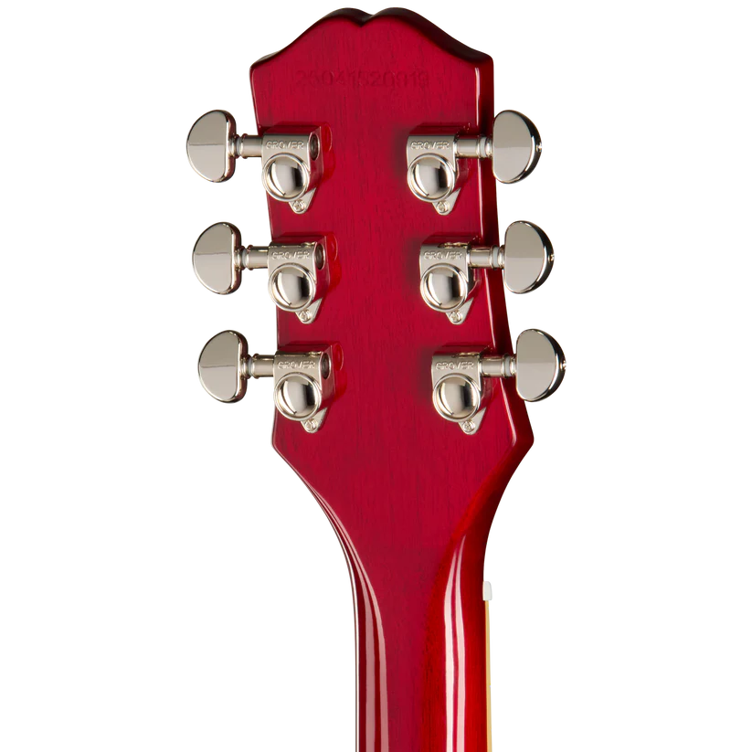 Red electric guitar headstock with six chrome tuning pegs, three on each side, attached to the back of the neck.