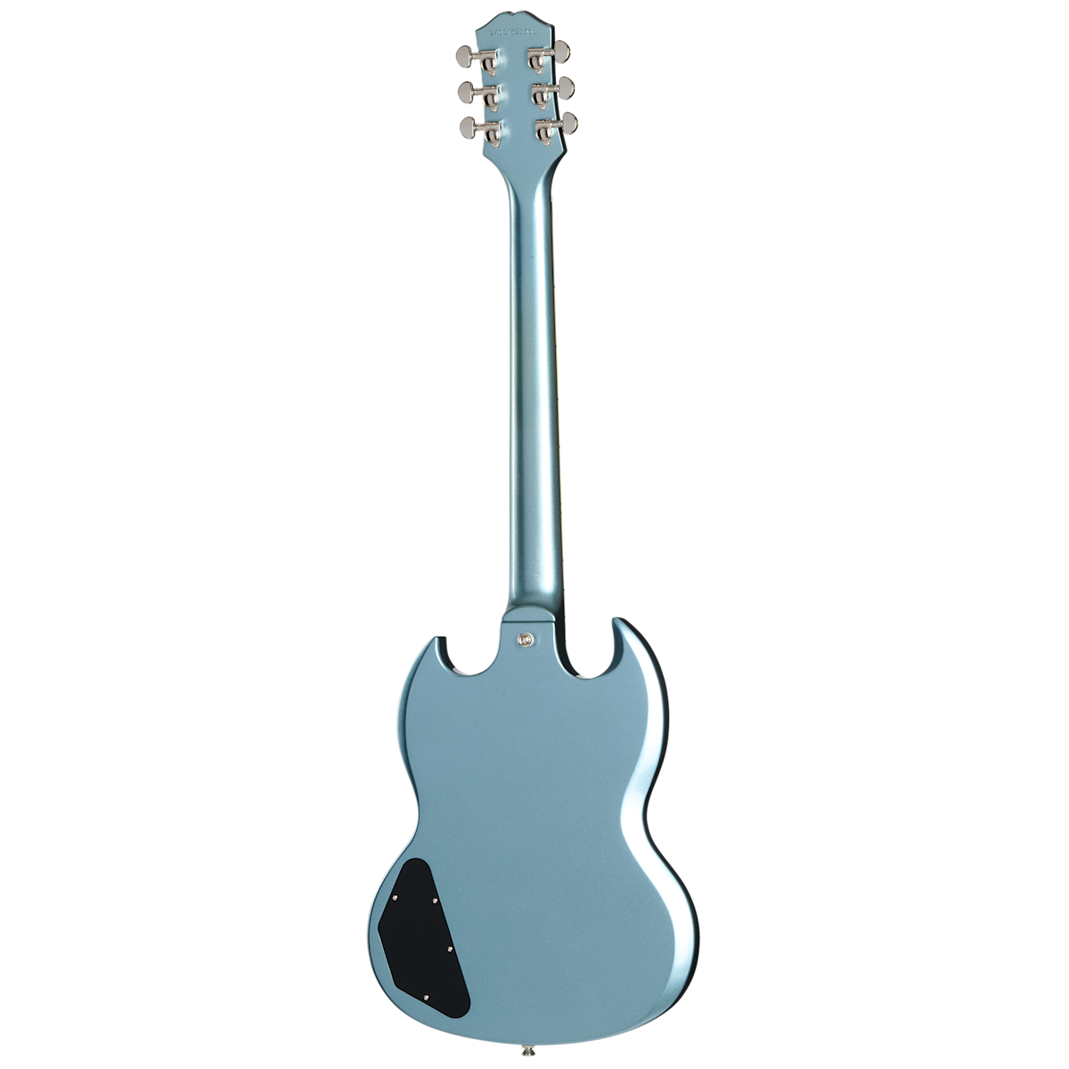 Metallic blue electric guitar, viewed from the back, with a double-cutaway body and a black electronics cover near the lower edge.