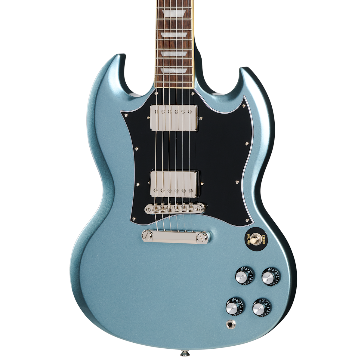 Metallic blue electric guitar with double cutaway body, black pickguard, four control knobs, two humbucker pickups, and chrome hardware.