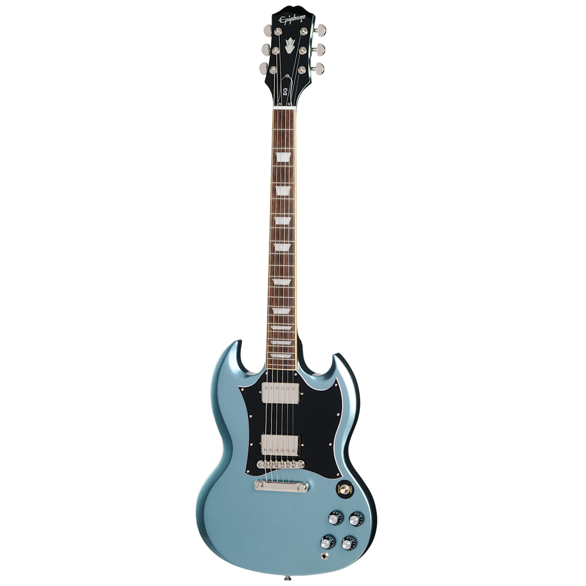 Metallic blue electric guitar with a double-cutaway body, black pickguard, two humbucker pickups, and four control knobs.