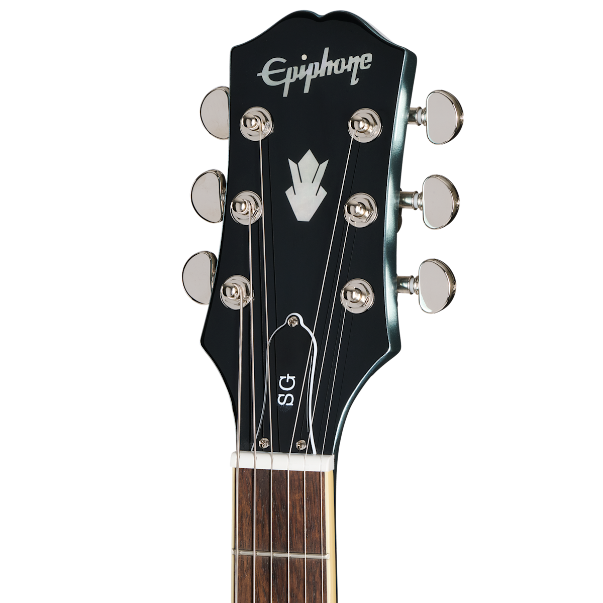 Black Epiphone electric guitar headstock with six chrome tuning pegs, white inlays, and the letters "SG" above the neck.