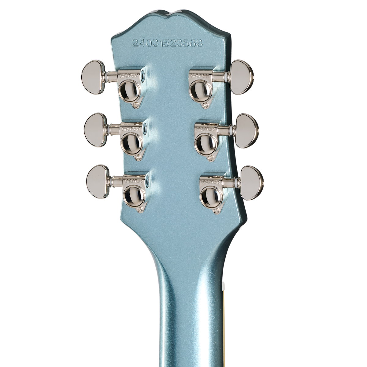 Six chrome tuning pegs on a metallic blue electric guitar headstock, with a serial number stamped at the top.