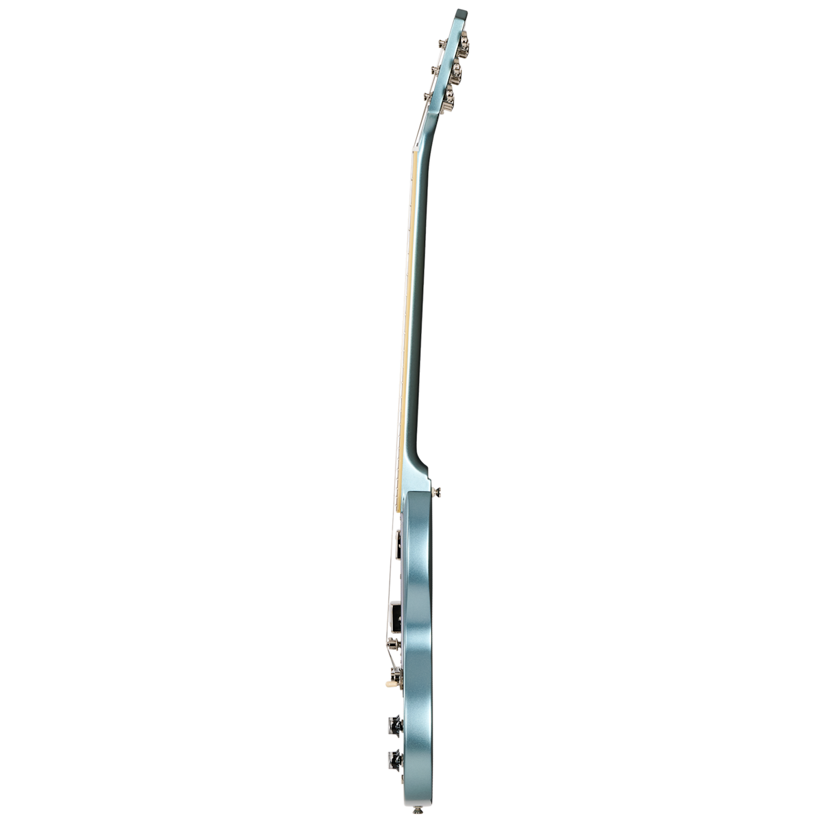 Slim electric guitar viewed from the side, showing a metallic blue body, narrow profile, and six tuning pegs along the headstock.