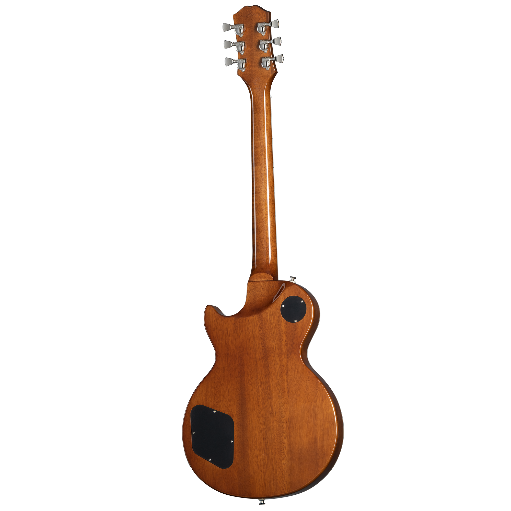 Brown electric guitar shown from the back, featuring a single cutaway body and two black access panels on the back.
