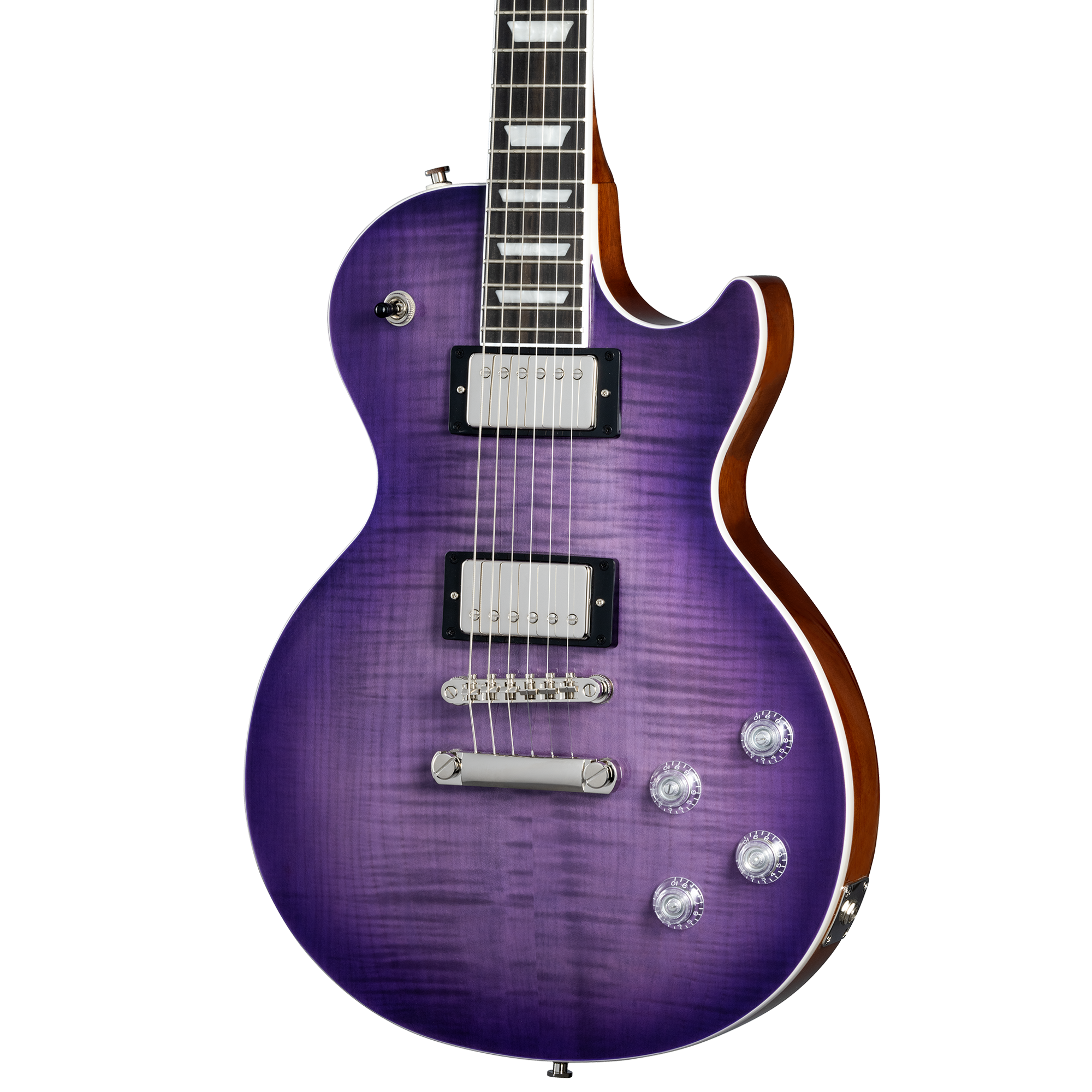Electric guitar with a single cutaway body, purple burst finish, two silver humbucker pickups, four control knobs, and chrome bridge hardware.