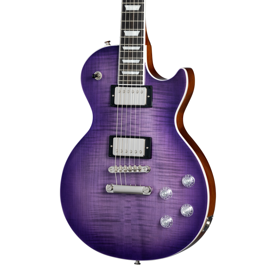 Electric guitar with a single cutaway body, purple burst finish, two silver humbucker pickups, four control knobs, and chrome bridge hardware.