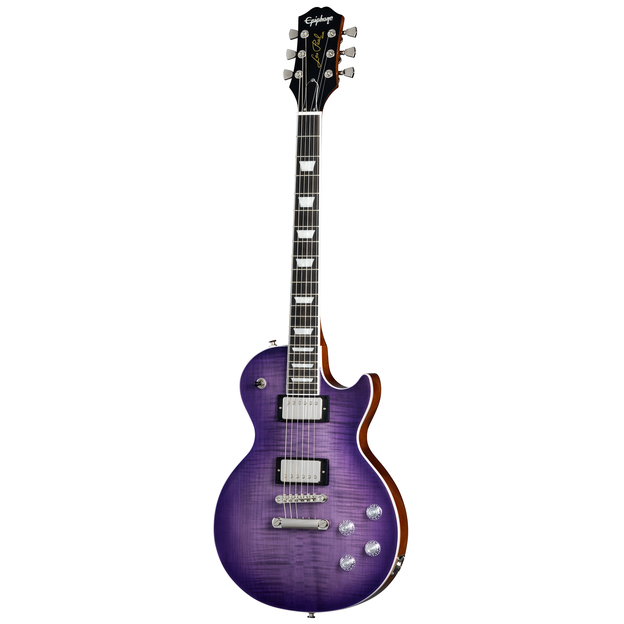 Epiphone Les Paul electric guitar with a single-cutaway body, metallic purple finish, two humbucker pickups, and four control knobs.