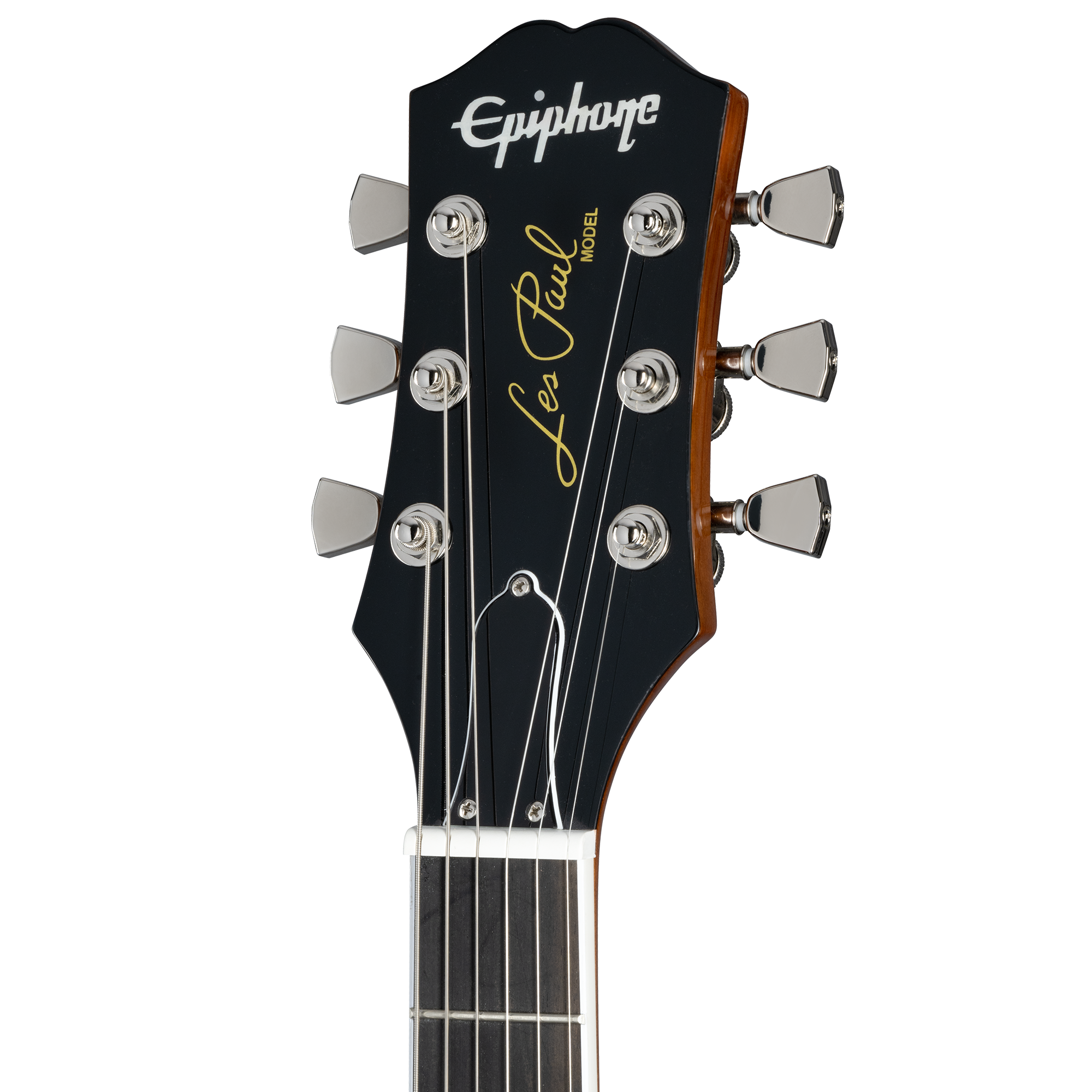 Close-up of an Epiphone Les Paul electric guitar headstock with six silver tuning pegs and white logo and gold script.