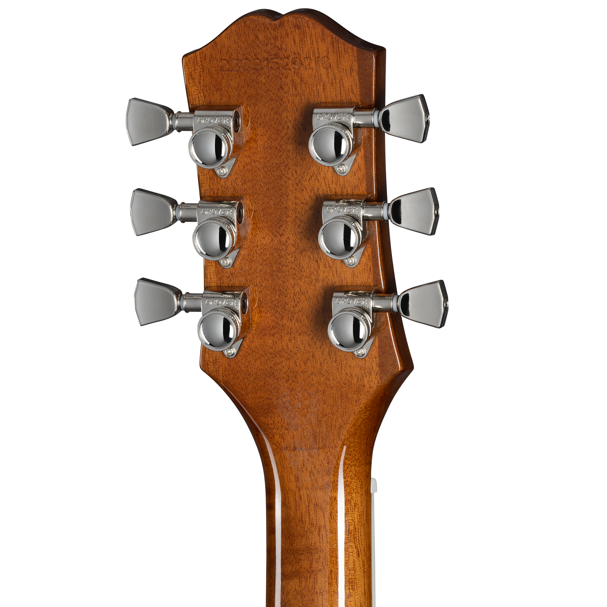 Back of an electric guitar headstock showing six chrome tuning pegs on a polished brown wood finish.