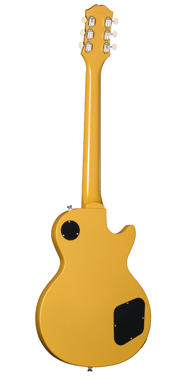 Yellow Epiphone electric guitar shown from the back, featuring a single cutaway body and two black plastic access panels.