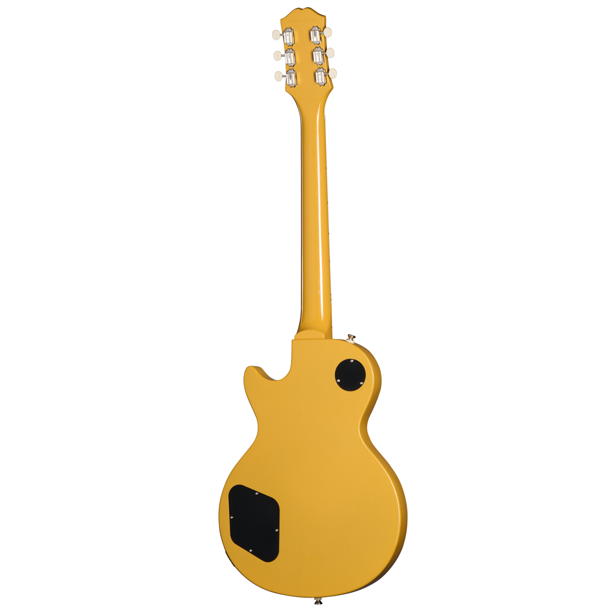 Yellow electric guitar shown from the back, single cutaway body, six tuning pegs, and two black electronic cavity covers on the body.