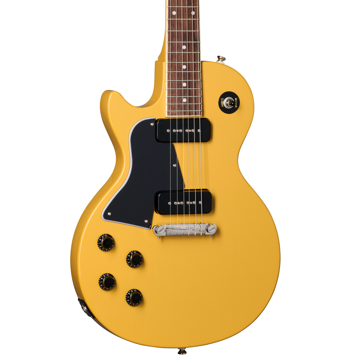 Yellow solid-body Epiphone electric guitar with a single cutaway, two black pickups, four black knobs, and a black pickguard.
