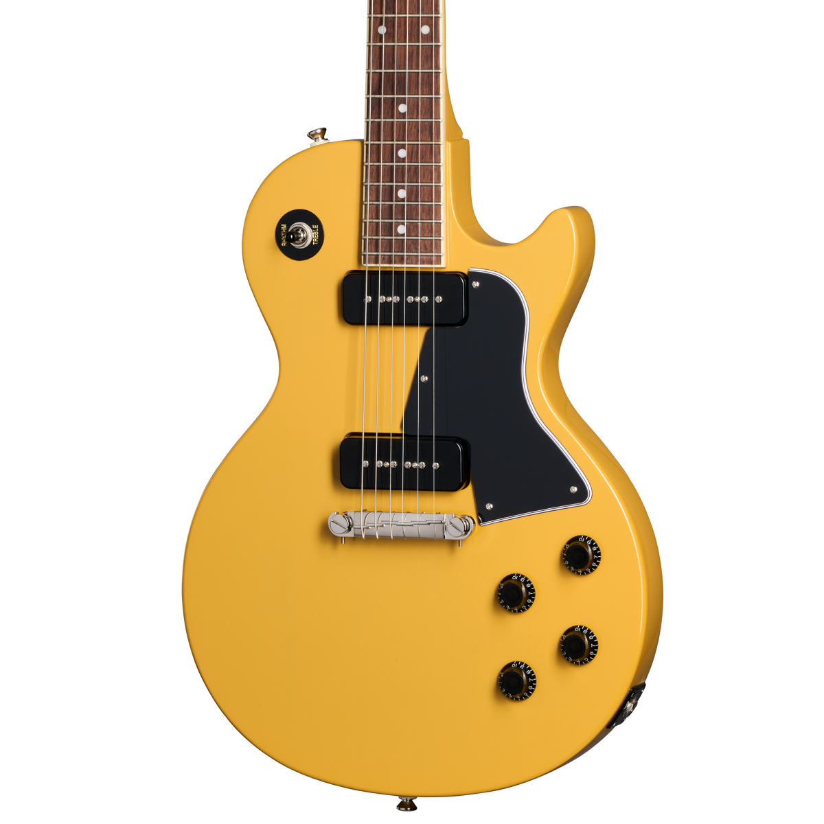 Yellow electric guitar with a single cutaway, two black pickups, four black control knobs, a black pickguard, and a chrome bridge.