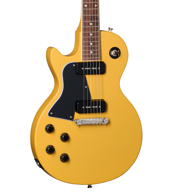 Yellow Epiphone electric guitar with a black pickguard, two black pickups, four black control knobs, and a single cutaway body shape.