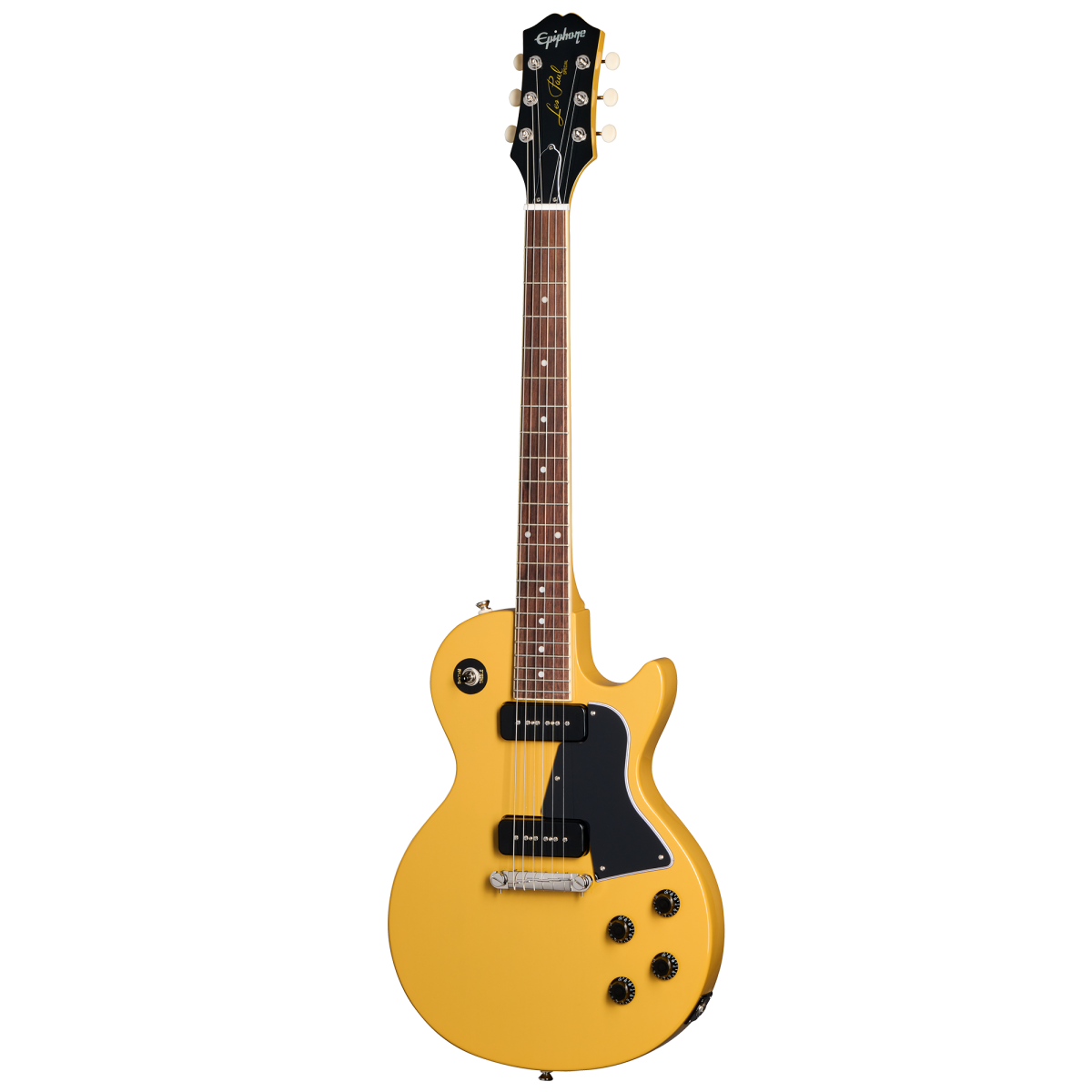 Yellow single-cutaway electric guitar with a black pickguard, two black pickups, and four black control knobs. Brand "Epiphone" on the headstock.