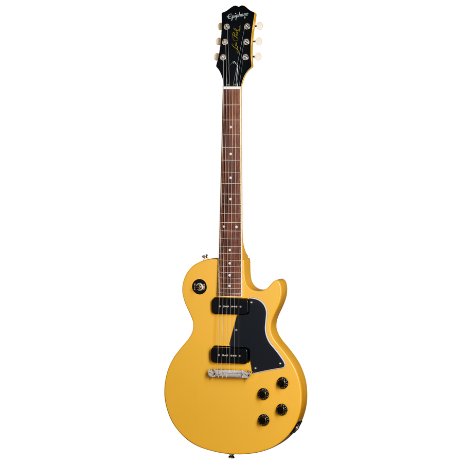 Yellow single-cutaway electric guitar with a black pickguard, two black pickups, and four black control knobs. Brand "Epiphone" on the headstock.