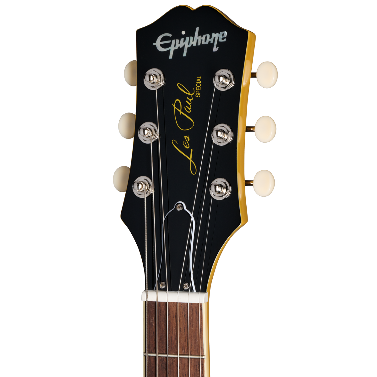Epiphone Les Paul Special electric guitar headstock with six tuning pegs, black face, cream edges, and signature logo in silver and gold.