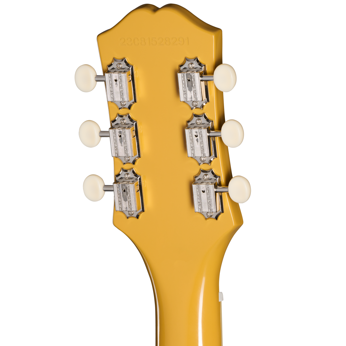 Yellow Epiphone guitar headstock, showing six metal tuners with white tuning pegs arranged three per side. Serial number engraved at the top.