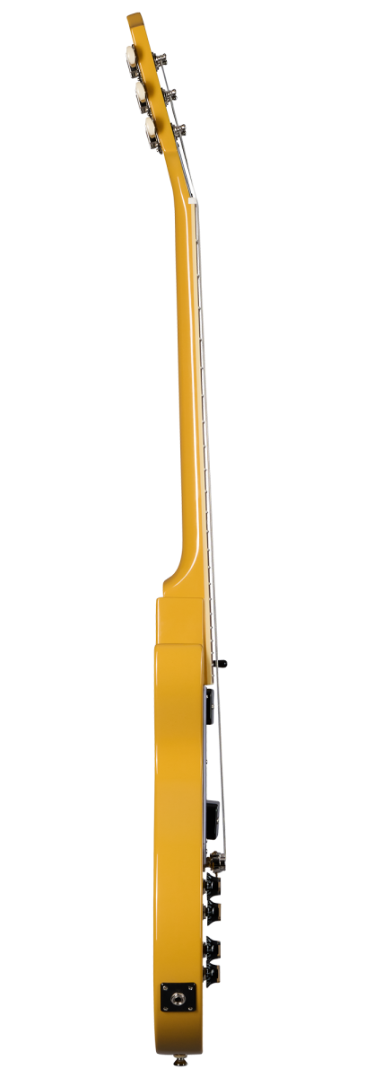 Yellow Epiphone electric guitar shown from the side, highlighting its slim body, neck, tuning pegs, and input jack at the bottom.