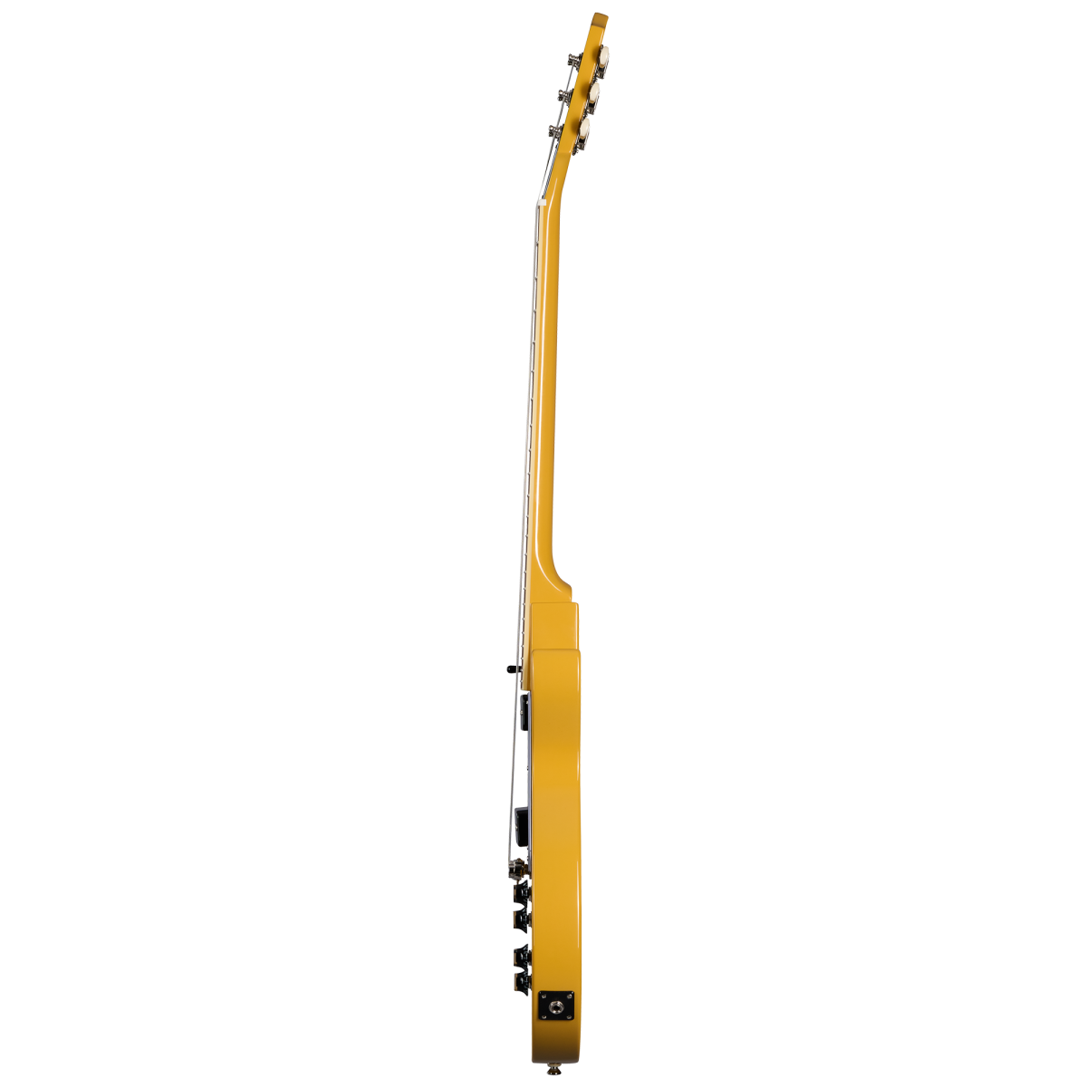 Yellow electric guitar shown from the side, highlighting the thickness of the body, neck, and tuning pegs. No strings or front details visible.