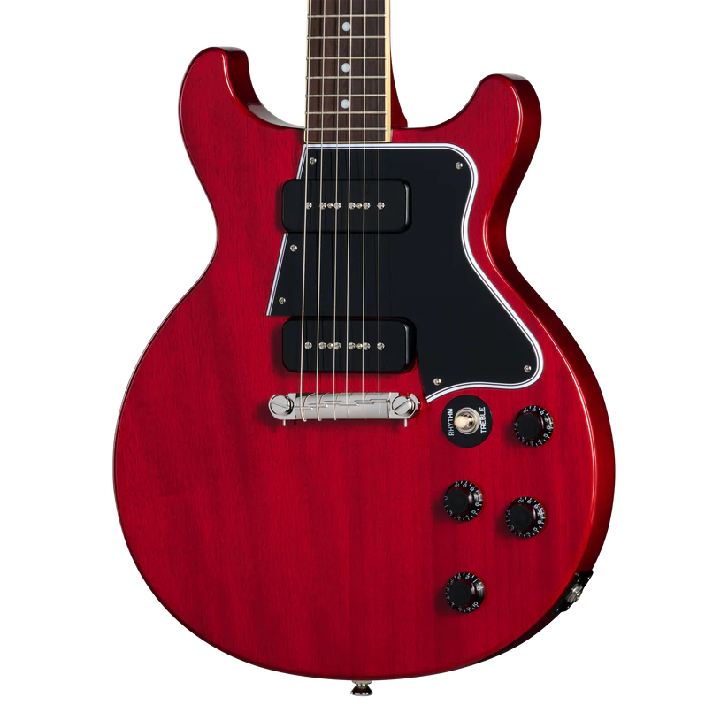 Cherry red electric guitar with a double-cutaway body, two black pickups, four black control knobs, and a black pickguard.