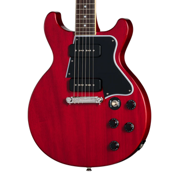 Cherry red electric guitar with a double-cutaway body, two black pickups, four black control knobs, and a black pickguard.