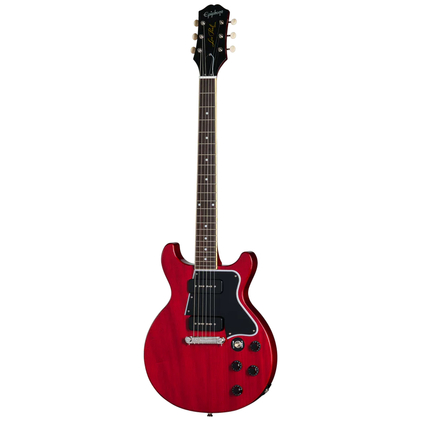 Red electric guitar with a double-cutaway body, black pickguard, two pickups, four control knobs, and a dark fretboard with dot inlays.