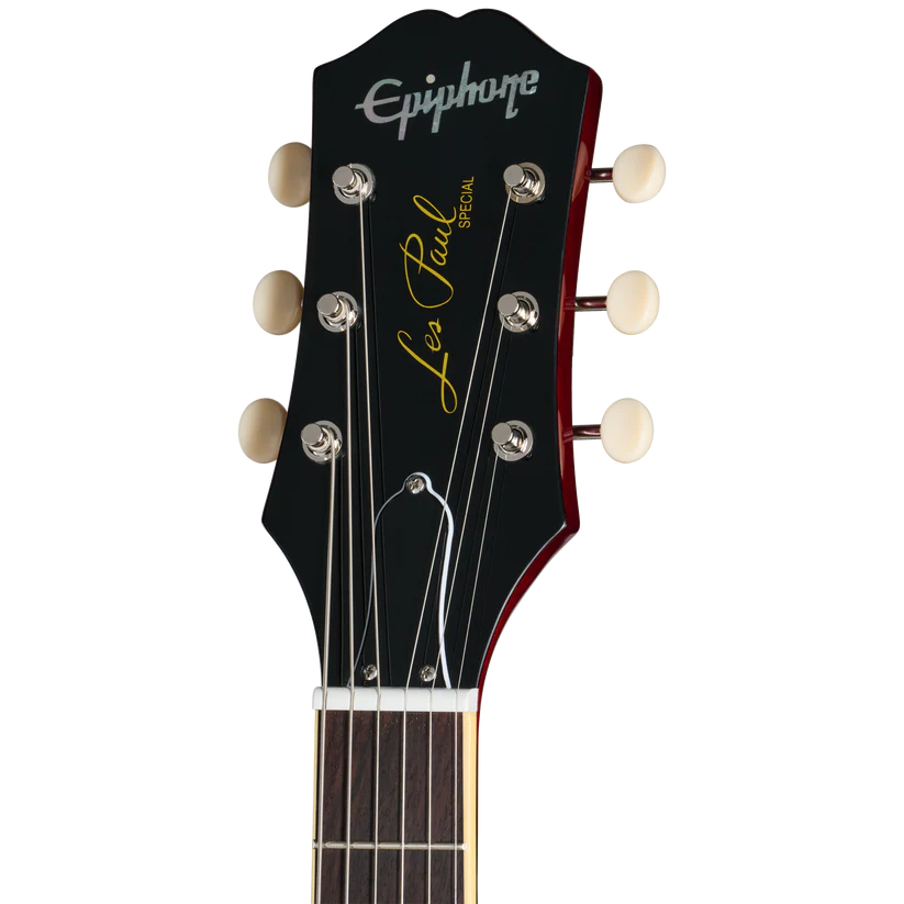 Epiphone Les Paul Special electric guitar headstock with six cream tuning pegs, silver logo, and yellow "Les Paul Special" script.