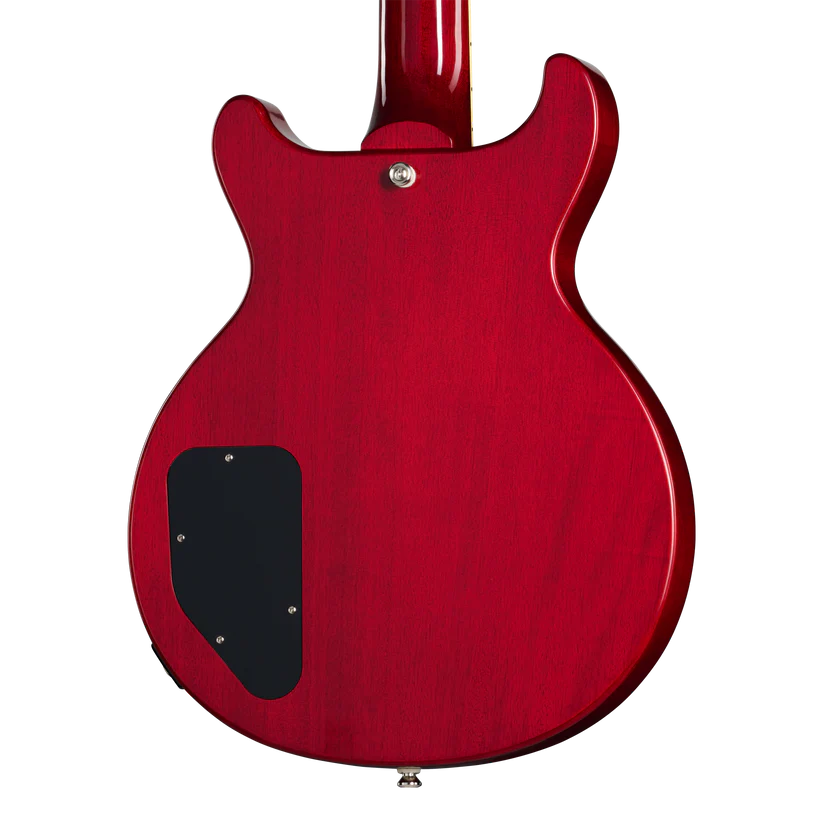 Back of a red electric guitar with a double-cutaway body, black electronics cover on lower left, and a metal strap button near the neck joint.