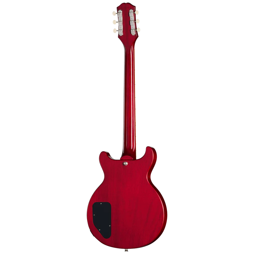 Red electric guitar viewed from the back, showing tuning pegs, neck, and body with a black rectangular electronics cover on the lower left.