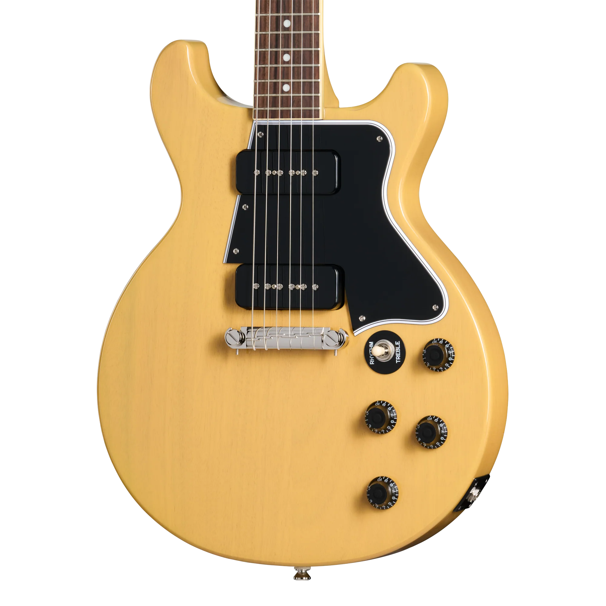 Cream-colored electric guitar with a double-cutaway body, two black pickups, black pickguard, four black control knobs, and a silver bridge.