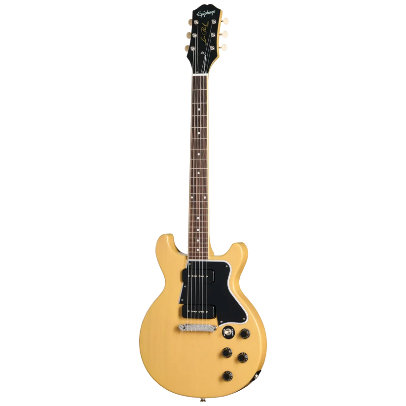 Light yellow electric guitar with a single cutaway, black pickguard, four black knobs, and a dark fingerboard and headstock.