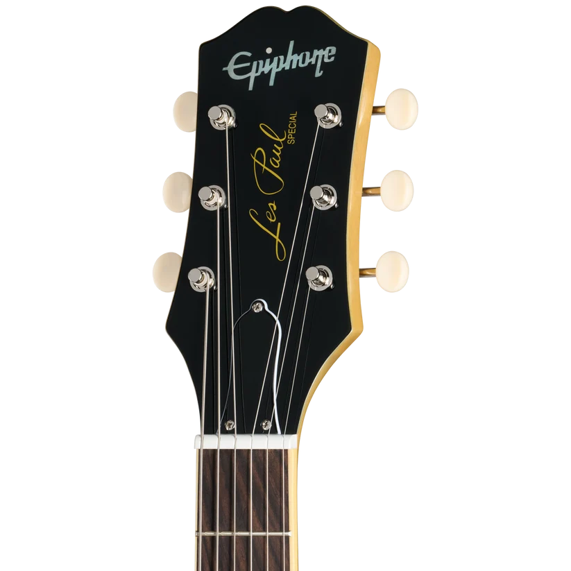 Epiphone Les Paul Special electric guitar headstock with six tuning pegs, black finish, white trim, and gold Les Paul script.