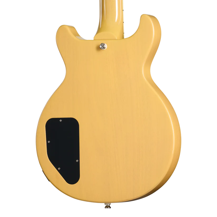 Yellow electric guitar back with a black rectangular electronics cover on the lower left. The body is rounded with double cutaways near the neck.