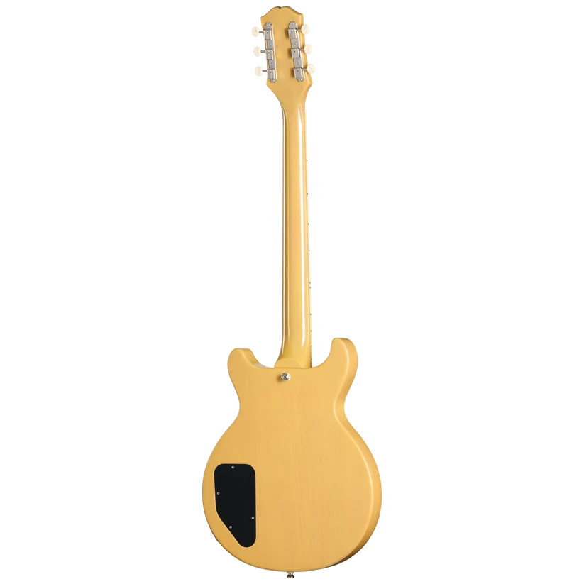 Yellow electric guitar shown from the back, featuring a single-cutaway body and a black rectangular electronics cover near the lower edge.