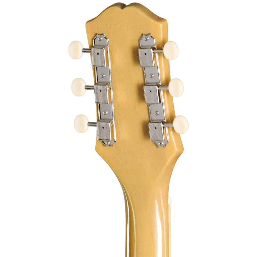 Electric guitar headstock back view, six white tuning pegs in a 3-per-side arrangement on light wood.