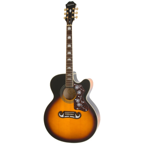 Sunburst acoustic guitar with ornate pickguard, pearl inlays on the fretboard, and gold tuning pegs.