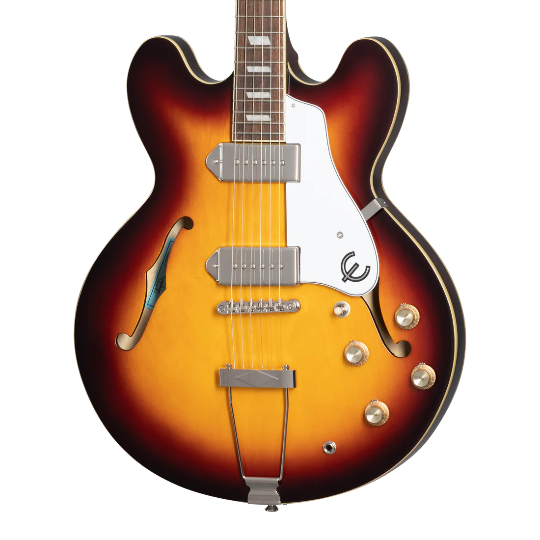 Sunburst semi-hollow electric guitar with two pickups, chrome hardware, white pickguard, and four control knobs, featuring a double-cutaway body.