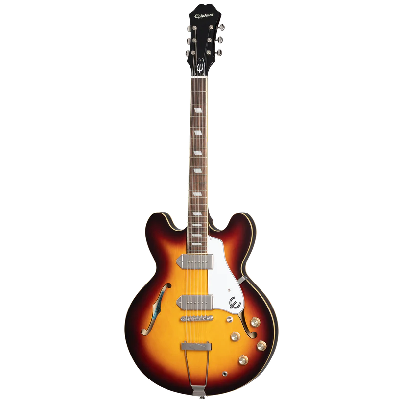 Sunburst semi-hollow electric guitar with double cutaways, two pickups, four control knobs, a white pickguard, and f-hole on one side.
