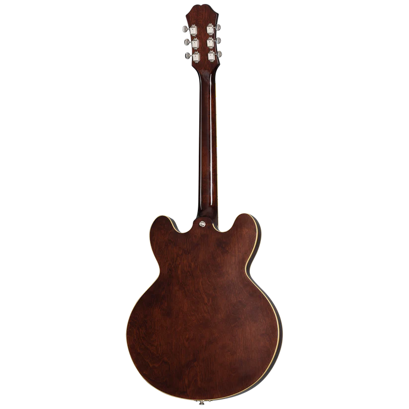 Brown semi-hollow body electric guitar seen from the back, featuring a double cutaway shape and chrome tuning pegs.