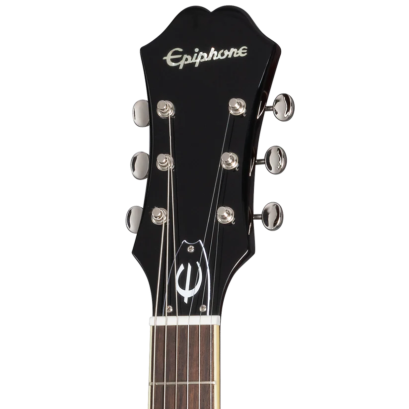 Epiphone electric guitar headstock with six metal tuning pegs, logo at the top, and distinctive truss rod cover with horseshoe-shaped design.