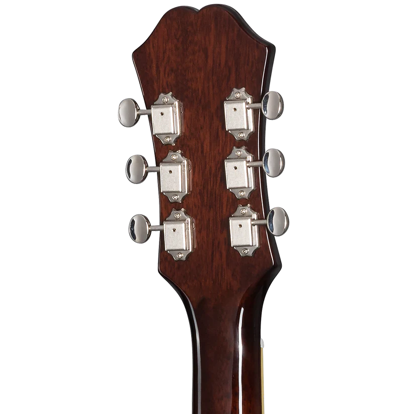Back of an electric guitar headstock showing six vintage-style metal tuning pegs on a dark wood finish.