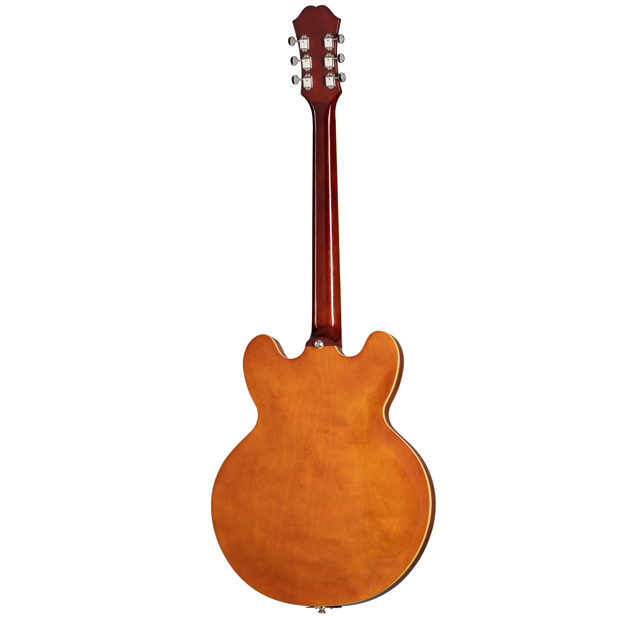 Electric guitar with a glossy, light brown back, double cutaway body, and six tuning pegs visible on the back of the headstock.