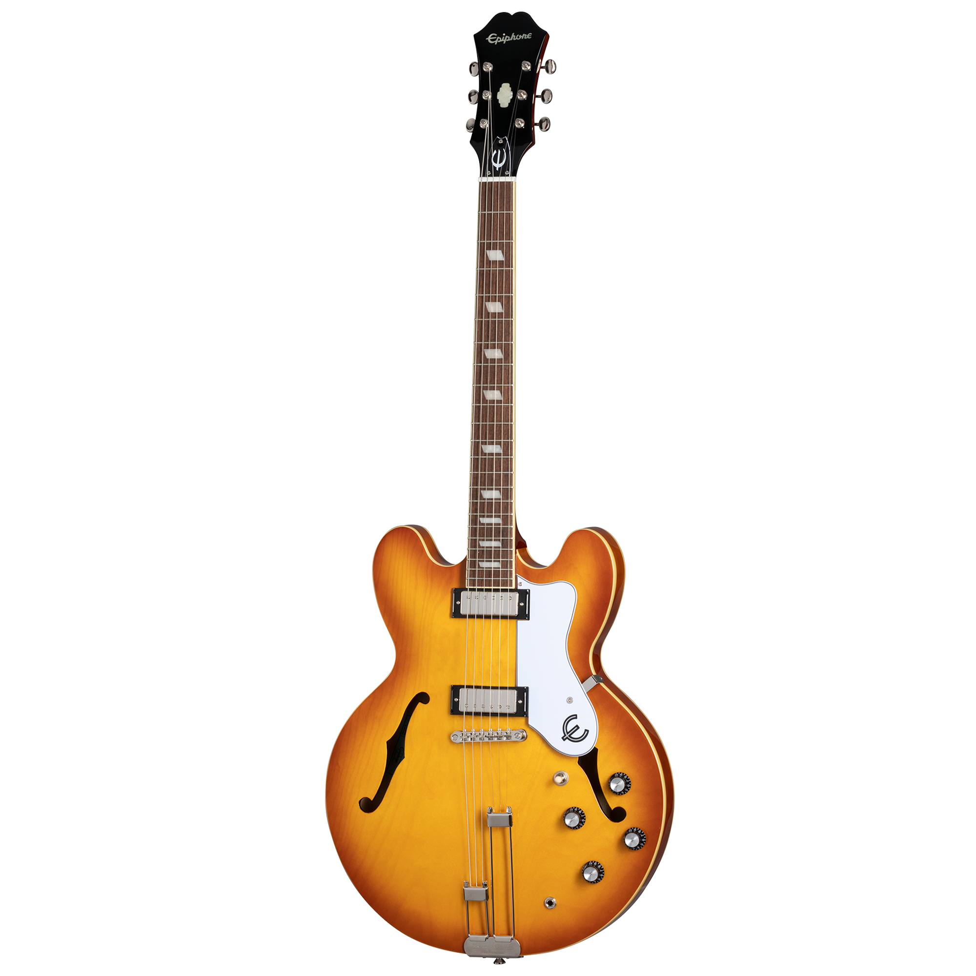 Sunburst semi-hollow electric guitar with two f-holes, white pickguard, four control knobs, and a double cutaway body shape.