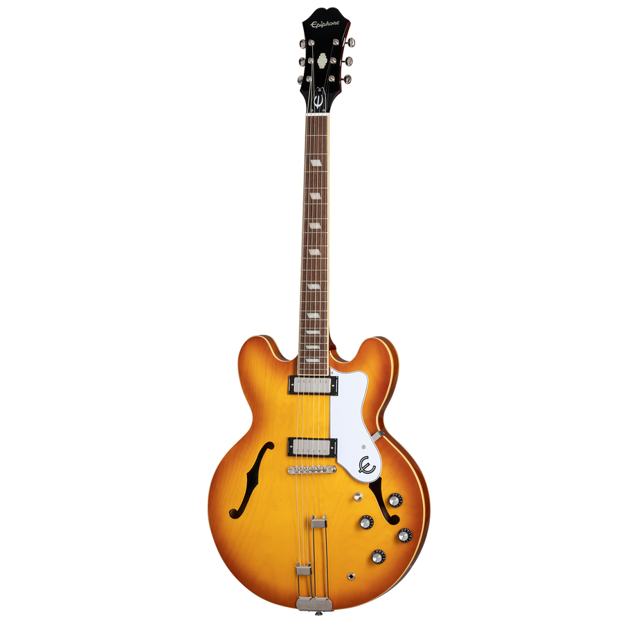 Sunburst semi-hollow electric guitar with two f-holes, white pickguard, four control knobs, and a double cutaway body shape.