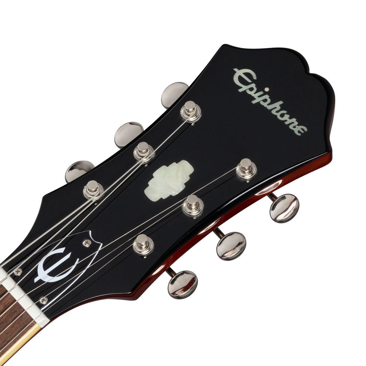 Epiphone electric guitar headstock with six tuning pegs, pearl inlays, and the Epiphone logo in white.