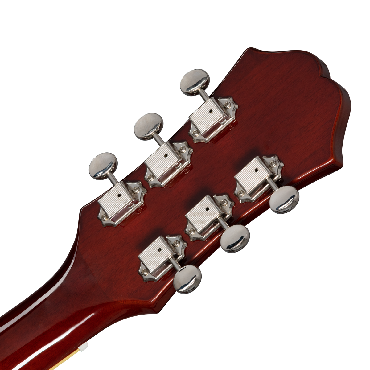Six chrome tuning pegs on a glossy dark red electric guitar headstock, arranged three on each side.