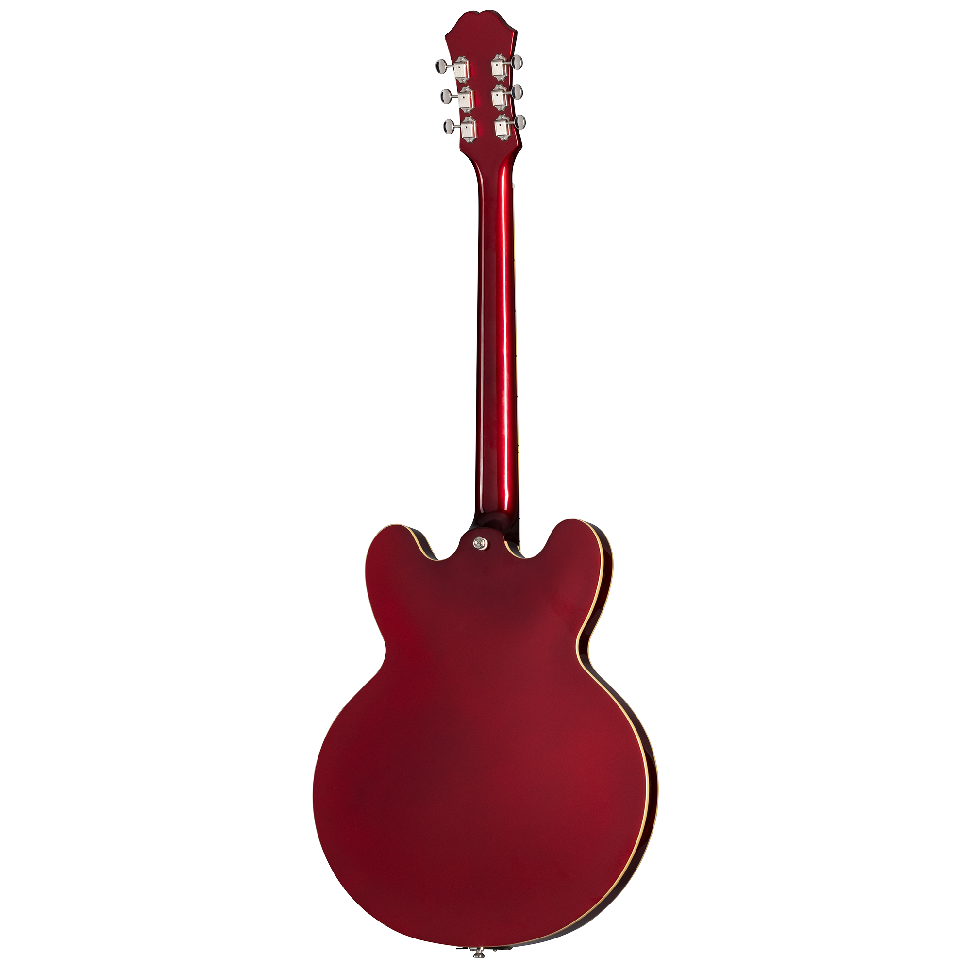 Red electric guitar shown from the back; double cutaway body style with a glossy finish and six tuning pegs visible on the headstock.