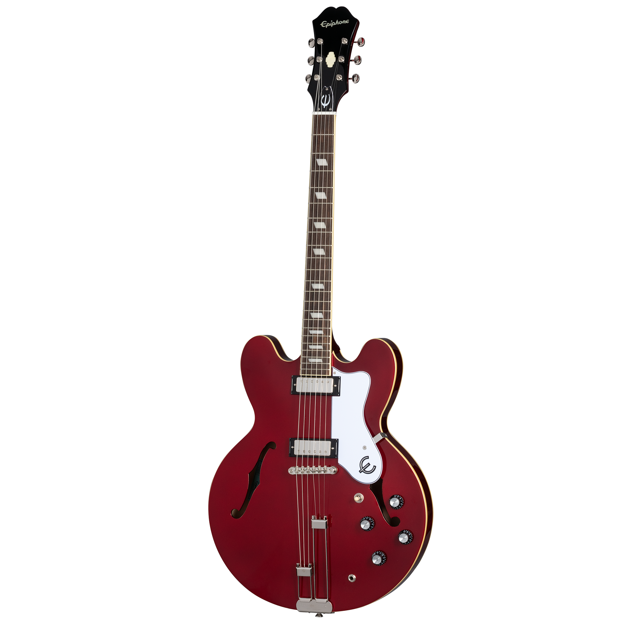 Cherry red semi-hollow body electric guitar with dual humbucker pickups, four control knobs, a white pickguard, and f-hole sound openings.